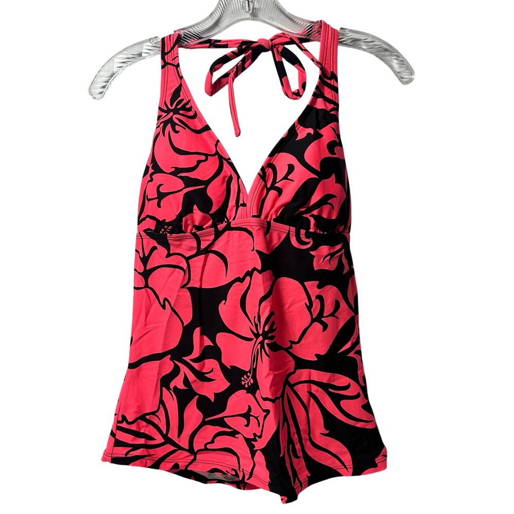 Hapari Pink Black Hibiscus Floral Tankini Top Halter 3-Way Tie Swimwear Large